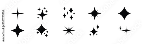 Black shine and sparkle vector set featuring eighteen unique star shapes, starbursts, twinkles and diamond-like glint symbols, monochrome decorative elements for branding, logos, stickers and design