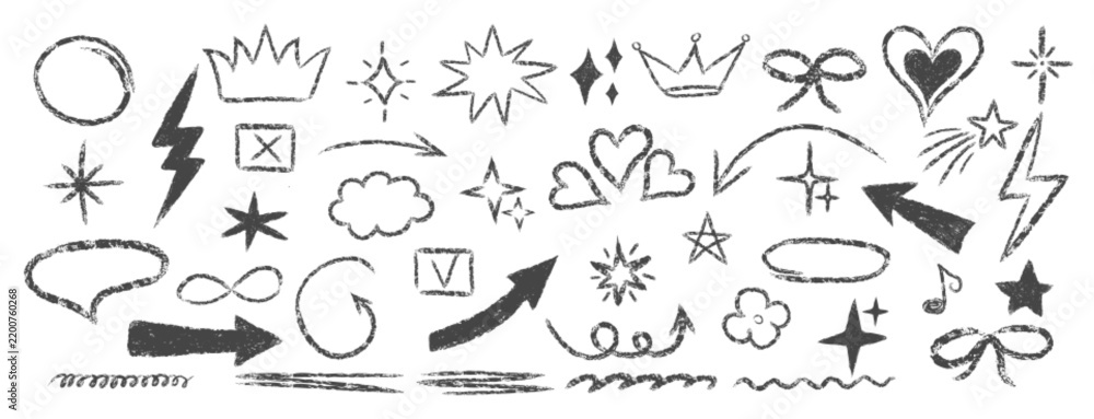 Obraz premium Cute crayon-style star shapes with hearts and arrows. Sketched line art elements ideal for children's artwork and scribble designs.