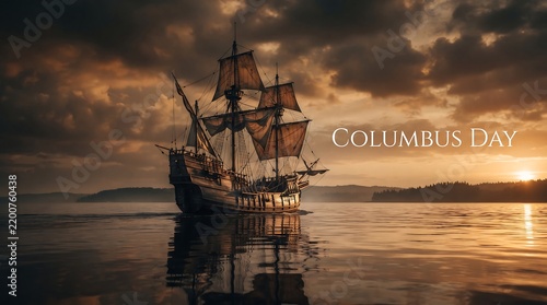 Spanish galleon sailing on calm ocean water during a dramatic golden sunset for Columbus Day celebration and historical exploration