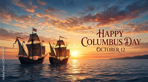 Happy Columbus Day greeting card featuring two historic caravels sailing on the ocean during a beautiful golden sunset background