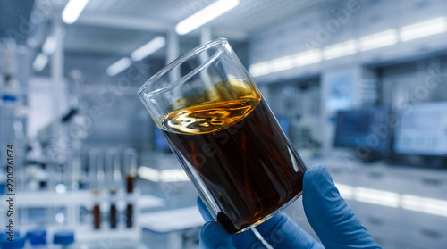Crude oil sample holding liquid fossil fuel laboratory investigation scientist professional research petroleum energy industry focus experiment