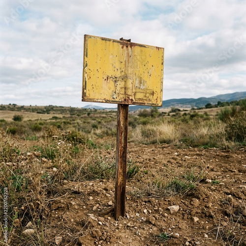 Rustic Yellow Signpost Stands Solitary Amidst Arid Landscape Under Overcast Skies