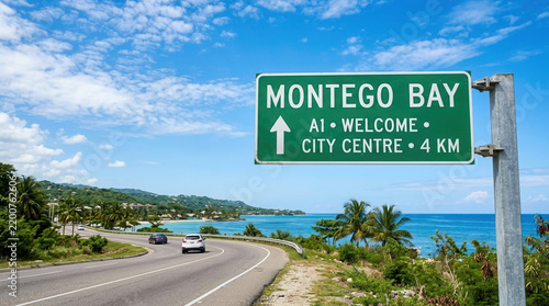 Scenic Coastal Road Sign Leading To Montego Bay Jamaica Caribbean Paradise