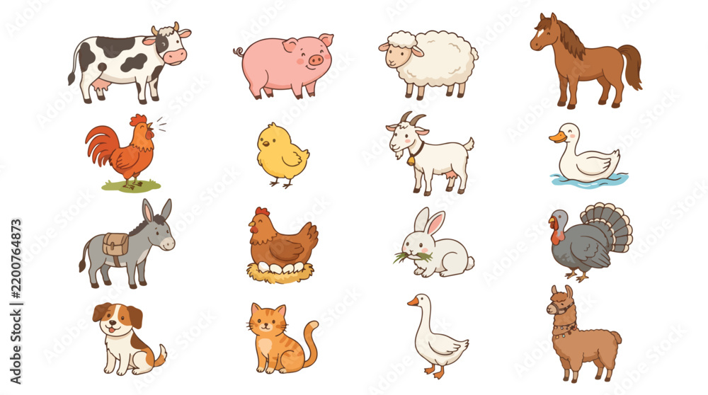 Obraz premium Set of cute hand-drawn farm animals including cow, pig, sheep, horse, chicken, and goat for children education and nursery decor