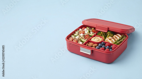 Colorful Healthy Lunchbox Meal Prep: Red Container with Grilled Chicken, Fresh Vegetables, Nuts and Berries on a Blue Background - Perfect for School Lunch, Portable Meals, or Nutritious Snacks