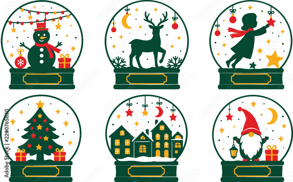 Fototapeta premium Festive Christmas Snow Globe Vector Illustration Set with Snowman, Reindeer, Winter Village, Christmas Tree, Gnome, and Girl Reaching for Stars, Perfect for Holiday Greeting Cards.