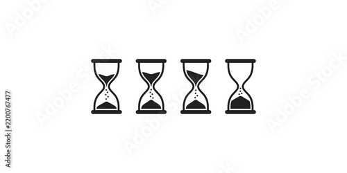 Black hourglass icons set representing time management progress loading and countdown phases.