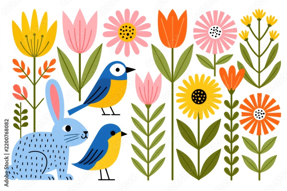 Obraz premium Spring garden with rabbit and singing birds