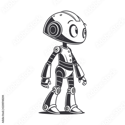 Cartoon robot character walking with big eyes and mechanical joints in a clean white studio setting