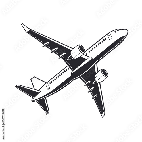 Commercial jetliner flying diagonally against a clean white background with minimalist style and vector art