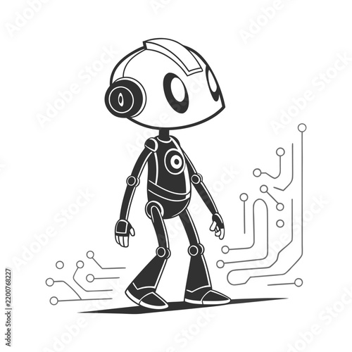 Cute robot character walking with digital circuit lines on white background clean vector illustration for technology concept
