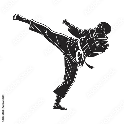 Martial artist performing a powerful side kick in a dynamic action pose against a white background with dramatic lighting