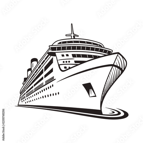 Modern cruise liner sailing on calm water during daytime with clean lines and graphic style
