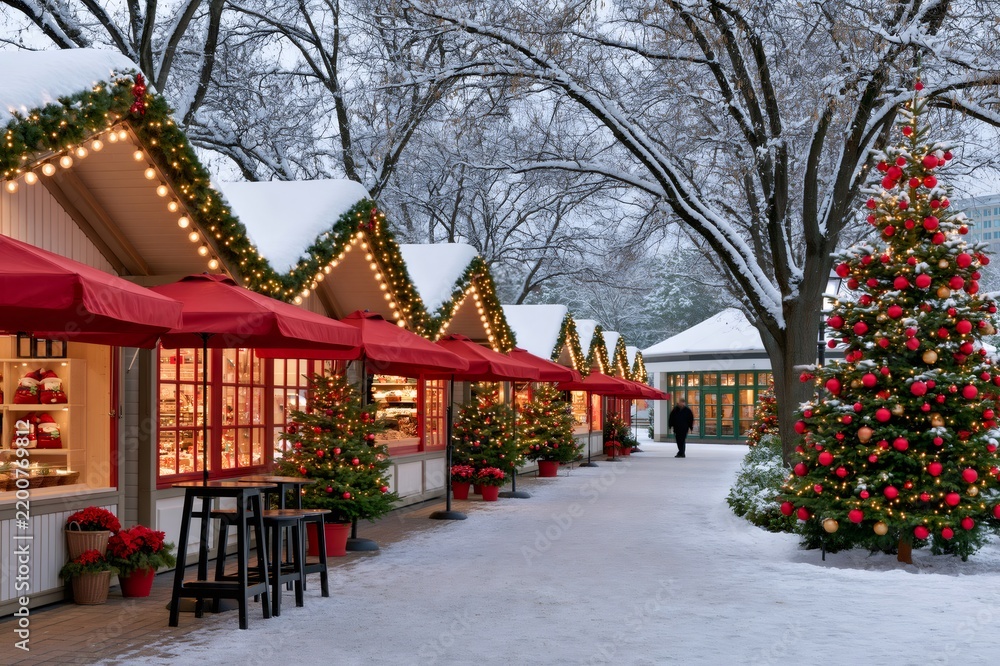 Fototapeta premium Outdoor Christmas market stalls decorating snowy winter day