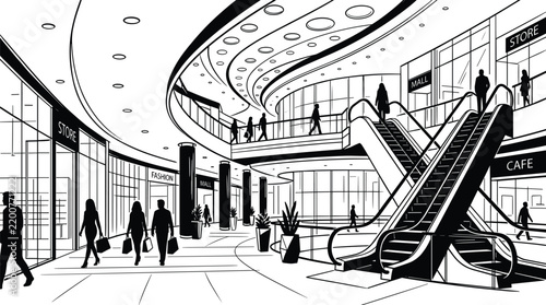Modern shopping mall interior with people walking and escalators architectural linear sketch vector illustration for retail project