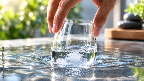 Fingers creating ripples on water surface beside glass cup outdoors
