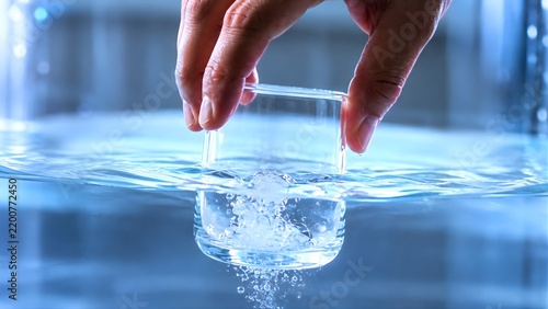 Hand dipping bottom of clear drinking glass into pool water
