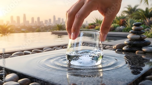 Hand touching clear water surface in glass near outdoor pool
