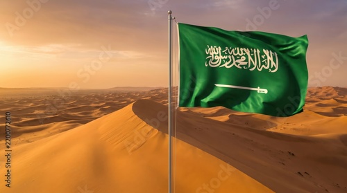 Saudi Arabia national flag waving on a flagpole over a vast desert landscape at sunset   