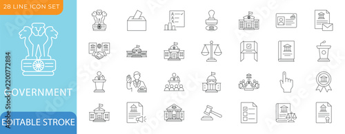 Government Line Icon Set.Legal Law, Justice Courthouse, Election Ballot, Parliament.Editable Vectors Illustration