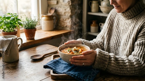 Person holding warm bowl of soup in cozy kitchen at wooden table
