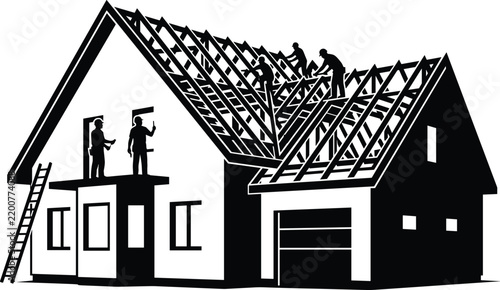 Construction builders silhouette working on a house roof frame installing wooden trusses isolated on white background