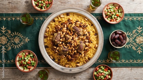 Top view of Arabian mandi rice platter with meat, fresh salad, dates, and tea glasses on a table   