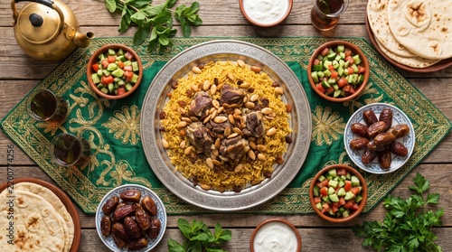 Arabian mandi rice platter with meat, fresh salad, dates, flatbread, and tea on wooden table layout   