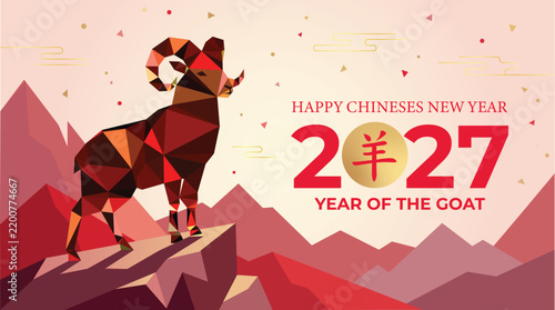 Chinese New Year 2027 Year of the Goat low poly festive mountain celebration banner