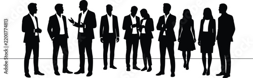 Business people group silhouette talking and standing together during a corporate networking event isolated on white background
