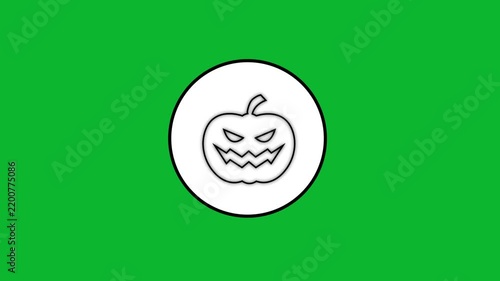 Animated jack o lantern sketch drawing appearing inside white circle on bright green background.