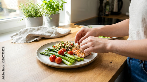 Salmon with quinoa and asparagus is plated in a bright kitchen setting