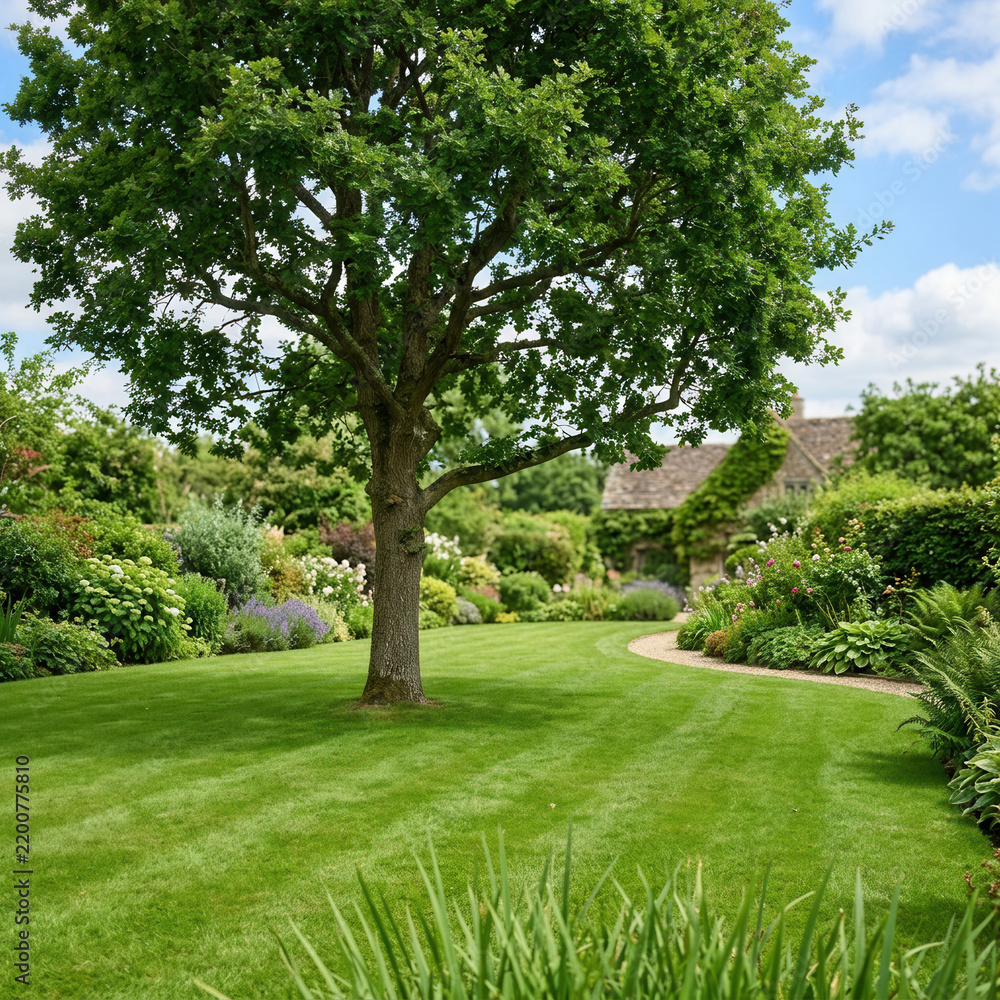 Obraz premium Lush English Garden Landscape With Majestic Oak Tree And Quaint Cottage