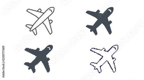 Airplane icons set featuring different pixel art styles and smooth vector outlines on white background