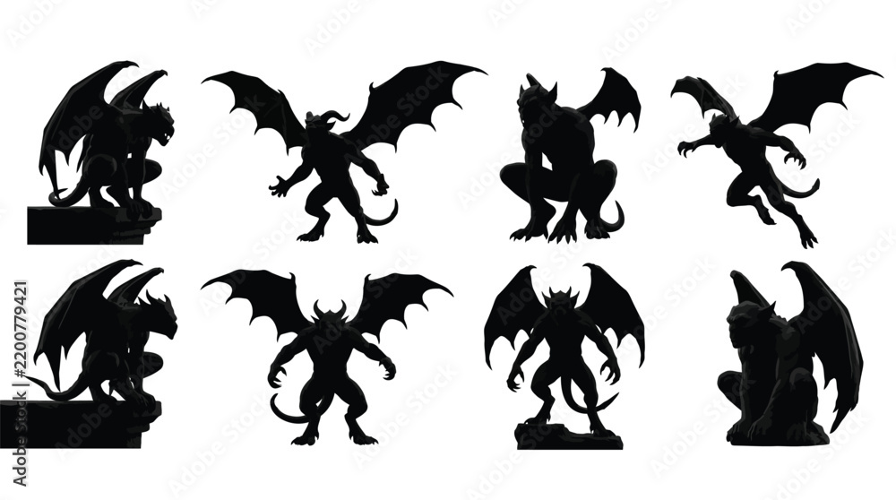 Obraz premium Black silhouettes depicting various gargoyles with wings in dynamic poses isolated on a white background for gothic architecture design projects