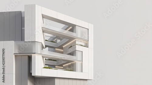 Futuristic white architectural building facade with glass balconies and copy space for real estate marketing.   