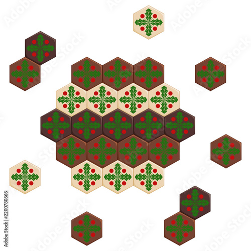 Illustration with hexagonal chocolates and mistletoe. Colored vector Christmas background.