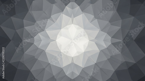 Symmetric gray polygon mosaic background with central glowing circular light design element.