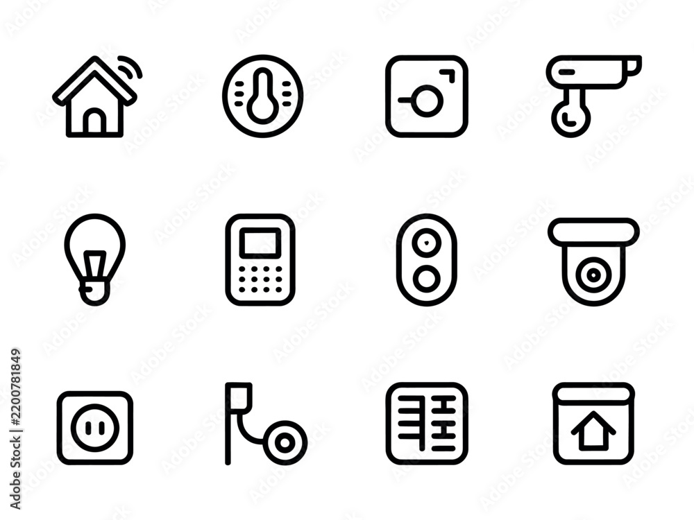 Fototapeta premium Set of outline smart home technology icons for automation and internet of things control interface design elements