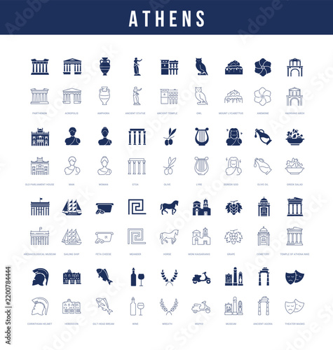 Mixed line and filled vector icon set for Athens, Greece and Greek culture for mobile apps and web interfaces. Editable strokes.