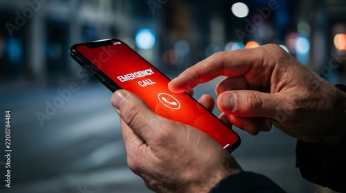 Close up of a person's hands using a mobile phone to make an emergency call.