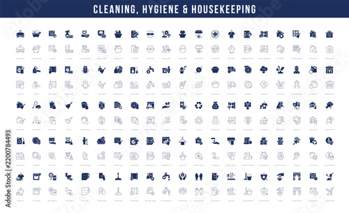 Mixed line and filled vector icon set for cleaning, hygiene and housekeeping, cleaning services and sanitation for mobile apps and web interfaces. Editable strokes.