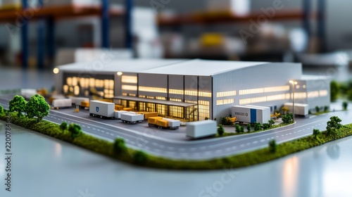 Detailed Scale Model View of Industrial warehouse scale building models with logistics roa