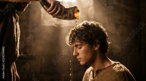 A young king receiving a holy anointing with golden oil from an ancient horn.