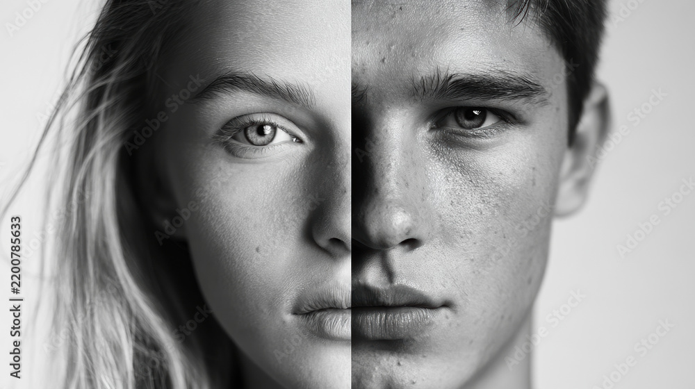 Fototapeta premium Man Woman Portrait Black White Face Split Comparison Gender Identity Young People Monochrome Serious