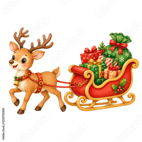 Cute Cartoon Reindeer Pulling A Christmas Sleigh With Gifts