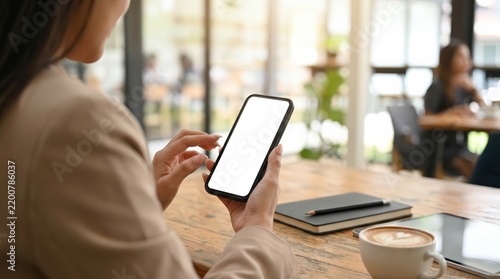 A professional woman holding a smartphone with a white blank screen in a cafe setting.