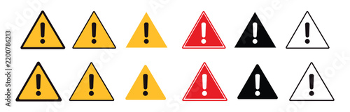 Warning triangle signs in flat vector graphic style featuring diverse color variations and distinct shapes