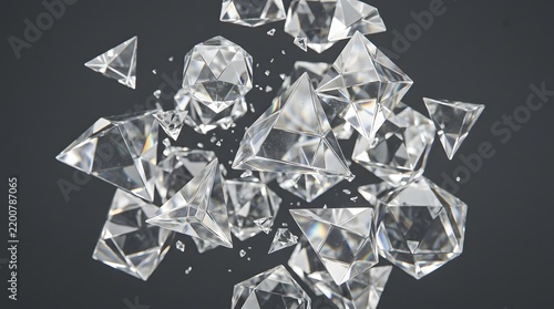 Sharp geometric crystal shards float in midair creating abstract crystalline structures with bright reflective surfaces and detailed prismatic glass light