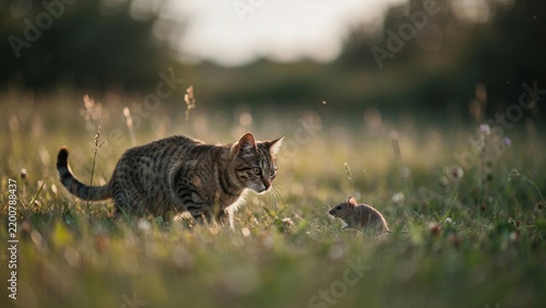 Eine getigerte Katze beobachtet eine Maus